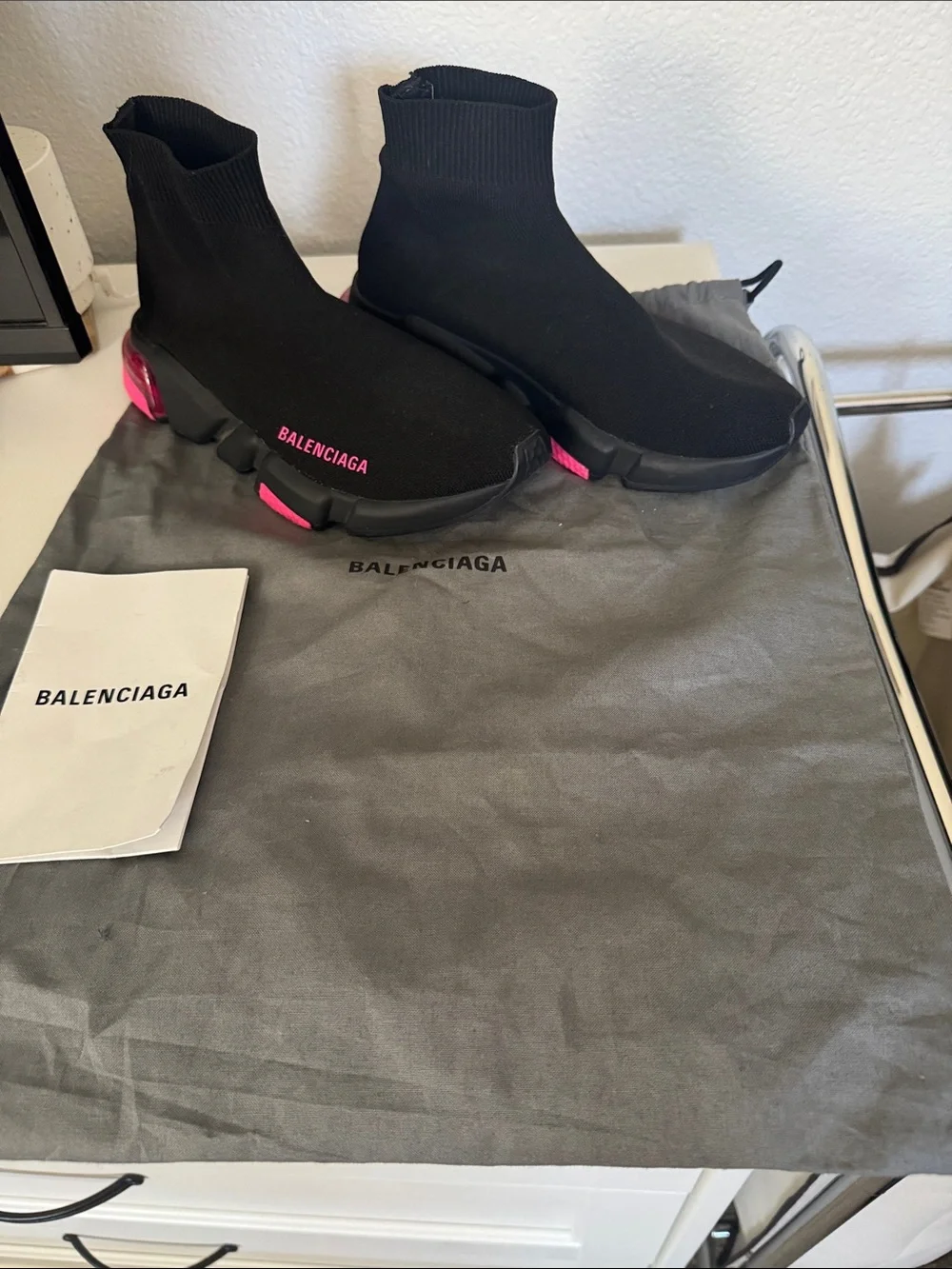 Balenciaga Black Knit Sock Sneakers with Pink Accents